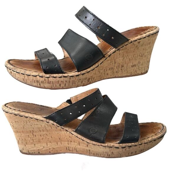BORN Cork 3” Wedge Heel Strappy Slip-On Black Leather Sandals Sz 10 Platform - Picture 1 of 11
